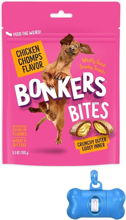 Bonkers Bites Dog Treats, Chicken Chomps Flavor, Crunchy & Gooey, 5.3 oz with Bone Waste Bag Dispenser