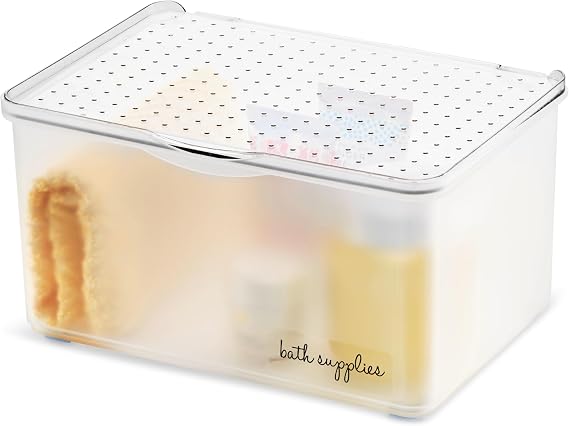 madesmart Medium Stacking Lid Bin, Clear-Lid Storage Organizer for Makeup, Cotton Balls & Bathroom Essentials, Stackable Countertop Bin, White/Blue