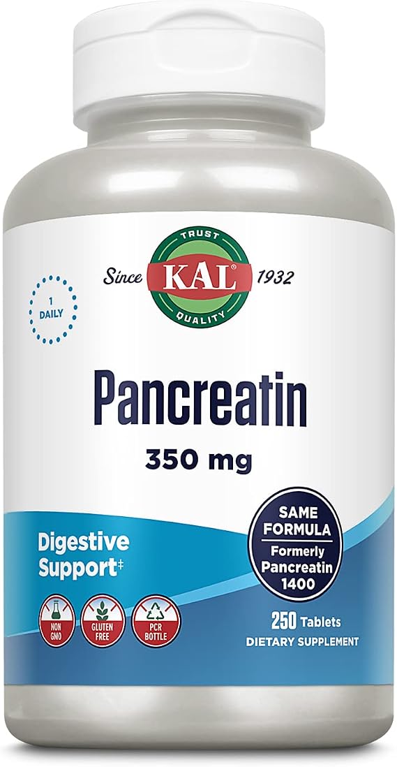 KAL Pancreatin 350mg, Digestive Enzymes for Women and Men, Pancreatic Enzymes for Digestive Health Support, Gluten Free, Non-GMO, Rapid Disintegration, 250 Servings, 250 Tablets