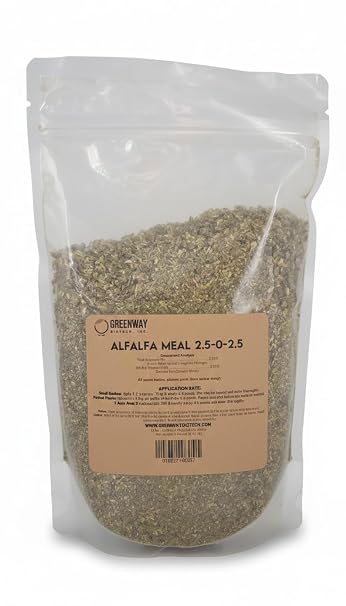 Greenway Biotech, Inc. Organic Alfalfa Meal Fertilizer 2.5-0-2.5 | Rose & Vegetable Plant Food with Triacontanol Growth Stimulant | Non-GMO, Phosphorus-Free | 1 Pound