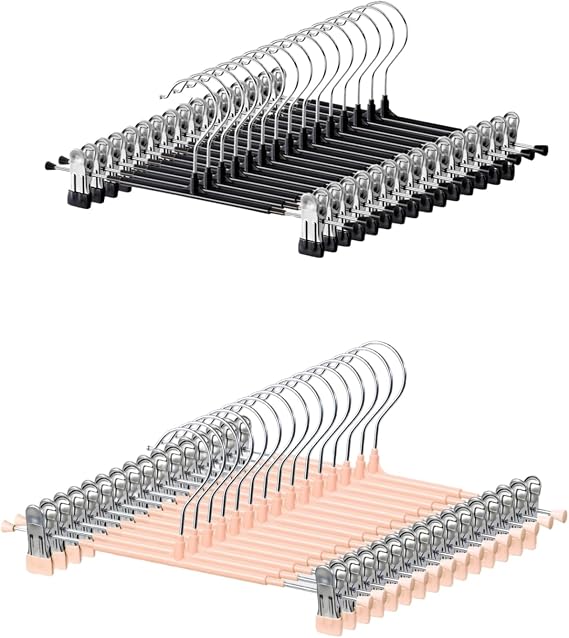 HUADYMEET 60 Pack 12Inch Pants Hangers with Clips,Metal Trouser Hangers for Jeans. Space Saving Heavy Duty Non-Slip Adjustable Closet Organizers and Storage Shorts Hanger for Women, Men, Black and Cor