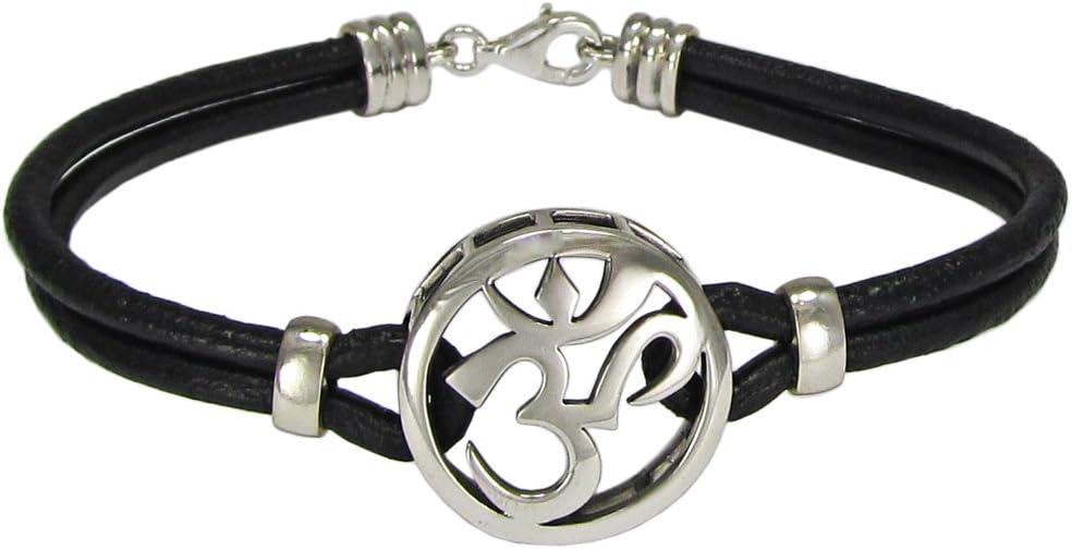 Moonlight Mysteries Sterling Silver Aum Om Symbol Bracelet with Genuine Leather