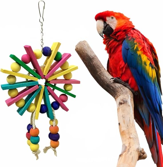 Bird Parrot Hanging Chew Toys, Colorful Wooden Ferris Wheel Parakeet Toys for cage Bird Foraging Toys Bead Block Bells Hanging Bird Cage Decorations