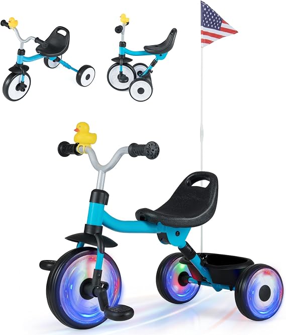 HONEY JOY Tricycle, Folding Kids Trike 3 Wheel Bike w/Light up Wheels, Flag, Duck, Adjustable Seat, Removable Pedals & Storage Basket, Toddler Tricycle for 1-3 Years Old Boys Girls (Blue)