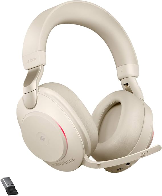 Jabra Evolve2 85 MS Wireless Headphones with Link380a, Stereo, Beige Wireless Bluetooth Headset for Calls and Music, 37 Hours of Battery Life, Advanced Noise Cancelling Headphones
