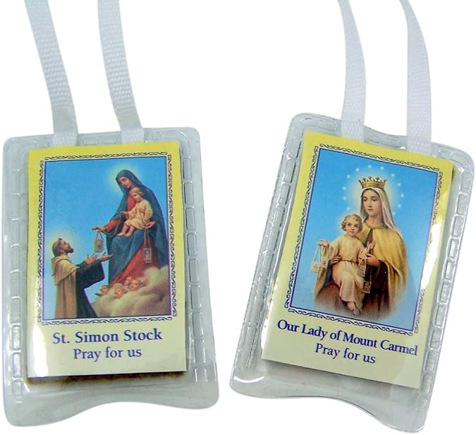 Laminated Brown Cloth Scapular Medals on Cord Chain, 16 Inch