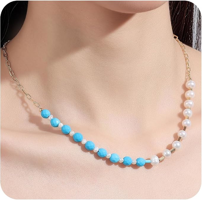Crystal Pearl Necklace for Women Adjustable Choker with Healing Crystal Agate Turquoise Zircon Handmade Gemstone18K Gold Plated