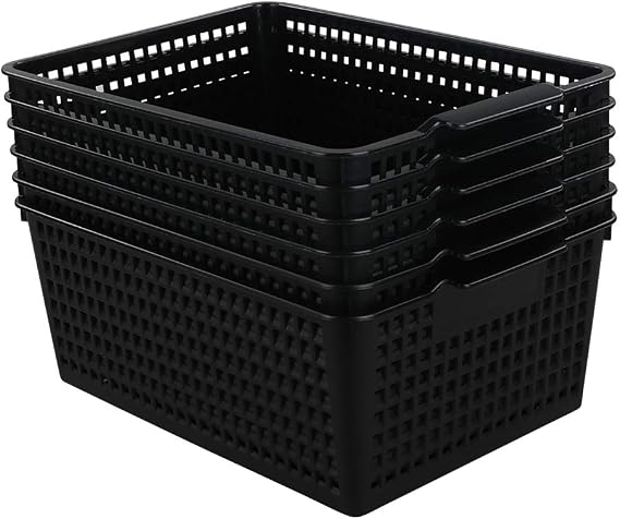 6 Pack Large Storage Baskets, Black Plastic Storage Basket Set