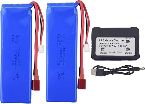 2PCS 7.4V 2200mah Lithium Battery with 2 in 1 Charger for WLtoys K949 10428 10428-A L202 RC high-Speed Remote Control car