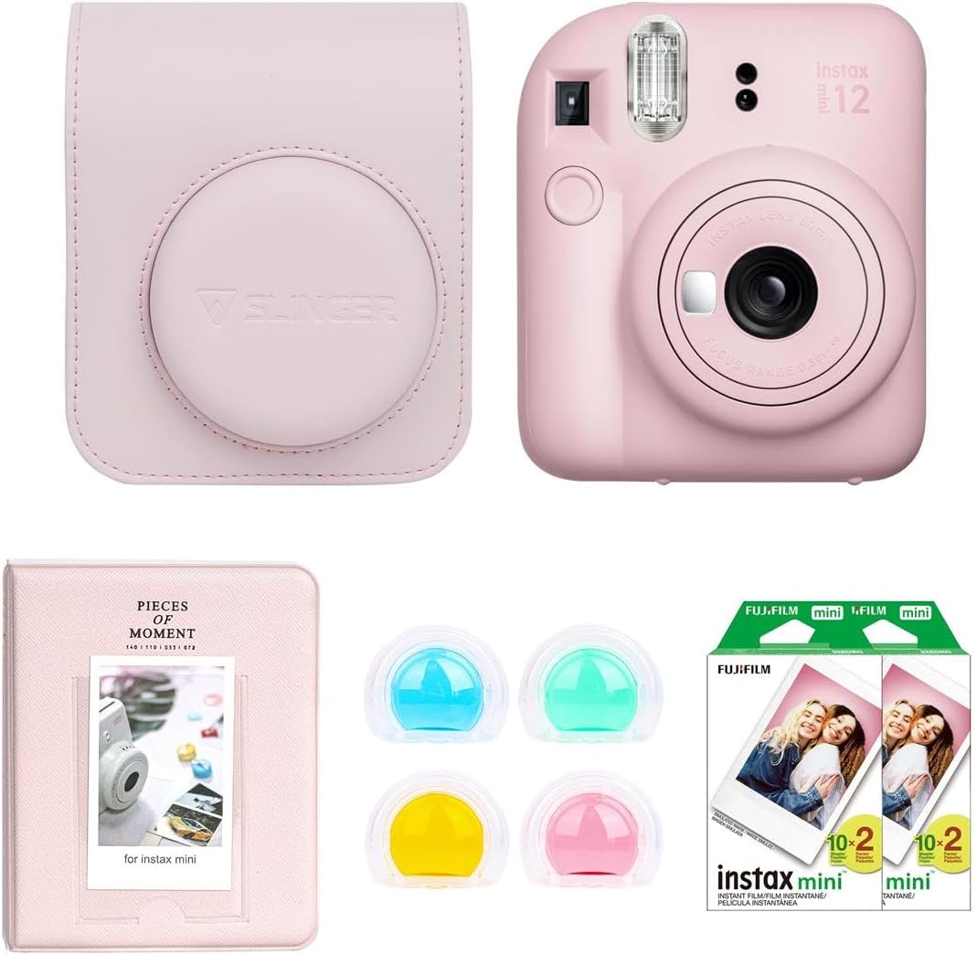 Fujifilm Instax Mini 12 Instant Film Camera, Blossom Pink Bundle with Instax Mini Custom Case, Accessory Kit and Daylight Film, 2X Twin Pack 40 Exposures ISO 800