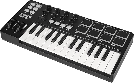 HUIOP MIDI Keyboard Controller Beat Maker Machine 25 Keys MIDI Keyboard Portable Arranging Pad MIDI Assignable Knobs Buttons Faders USB 5V Power Supply for Music Production