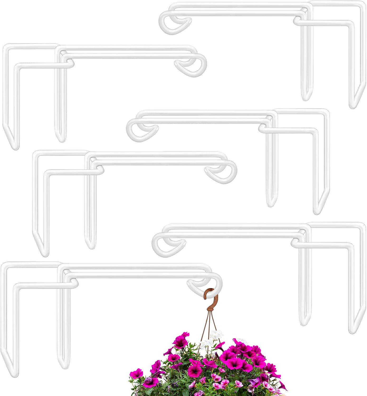 6 Pack Vinyl Fence Plant Hanger Hooks, 5 × 10 Inches Sturdy Over Fence Hooks White Powder Coated Steel Fence Hangers for Hanging Plants, Bird Feeders, Lights, Wind Chimes, Pool Tools