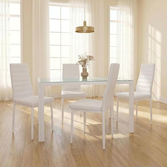 Gizoon White 5 Piece Glass Dining Table Set, Kitchen Table and Chairs for 4 | PU Leather Modern Room Sets,Small Dining Table Sets,Space Saving Table and Chairs Set for Home, Kitchen, Living Room