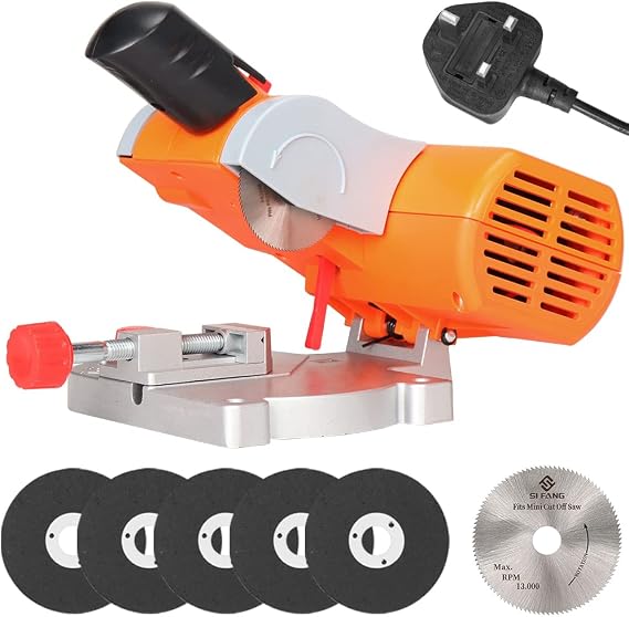 SI FANG Mini Benchtop Mitre Cut-Off Saw Kit, 0-45° for Metal Wood Hobby DIY | Upgraded 6000RPM AC Motor, Dual HSS & Resin Blades, Burr-Free Precision Cuts for Brass Arrow Plastic Miniature Model Crafts