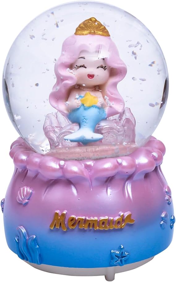 Snow Globe with Light for Birthday, 80mm Crystal Musical Glitter Glass Water Ball Decoration, Smile Mermaid Snowglobe, 3.5" x 3.5" x 5"