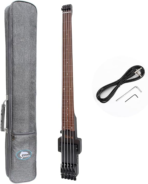 Batking Travel Bass Guitar Electric Headless Bass 5 Strings Fretless Electric Bass with Gigbag Wire Truss Road in Black