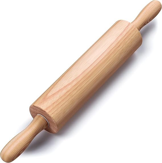 Wooden Rolling Pin 17.6 Inch with Rotating Ergonomic Handles Classic Beech Wood Dough Roller for Baking Pizza, Pastry, Bread, and Cookies