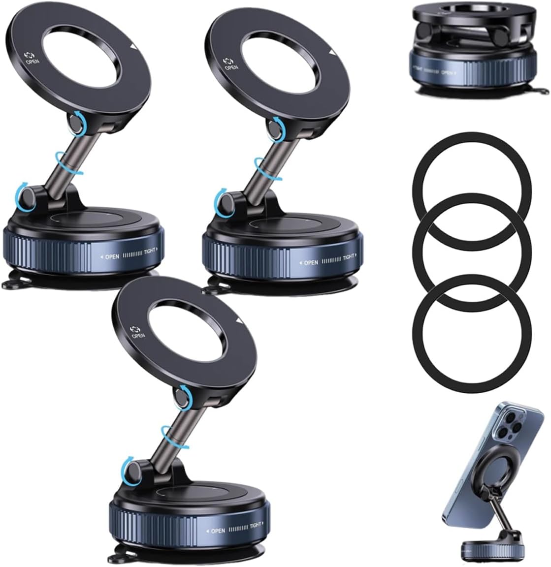 Veltrix Magno Grip Pro 360°, Magnogrip Pro 360 New 2025 Vlt002 Foldable Magnetic Phone Mount, Adjustable Vacuum Retractable Ultra Suction Cup Mount for Cars, Gyms, Mirrors, Smooth SurfaceBlack,3pcs