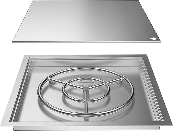 Skyflame 24" x 24" Square Stainless Steel Drop-in Fire Pit Kit with Fire Pit Burner Pan, Fire Burner Ring and Protective Lid, Suitable for Indoor or Outdoor DIY Firepit