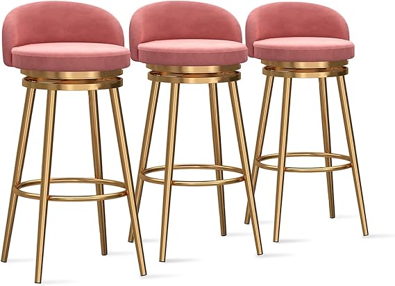 Barstool Bar Chairs Velvet Bar Chairs with Backrest, Comfy Counter Height Stools for Kitchen,Pink-3 PCS