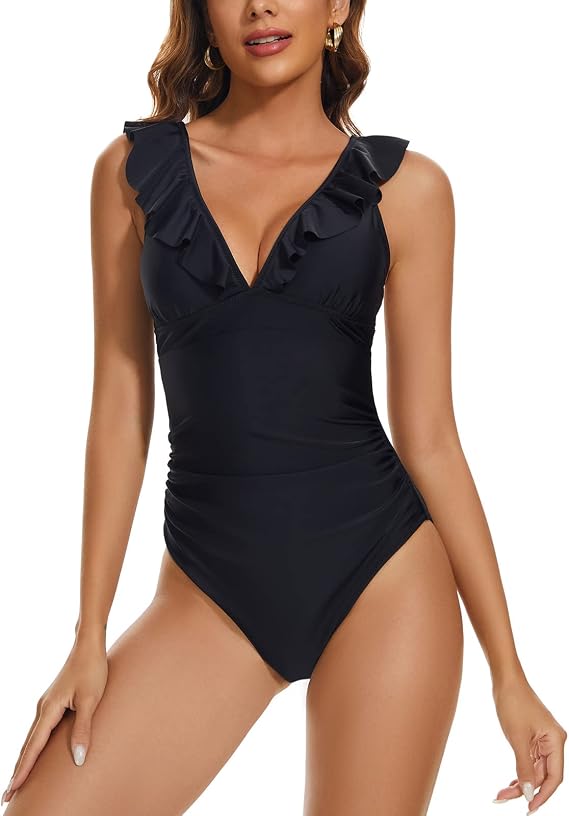 Annbon Slimming Artifact V Neck Sexy One Piece Bathing Suit for Women Tummy Control Ruffled Lace Up Fashion Design Halter
