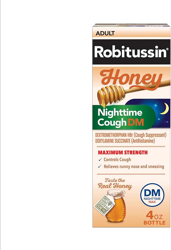 Robitussin Honey Nighttime Cough DM Max - Controls Cough, Runny Nose and Sneezing - Adult Formula, 4 Fl Oz