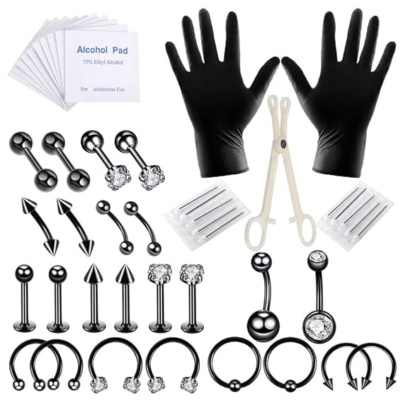 Body Piercing Kit Tongue Eyebrow Nose Jewelry Piercing Rings with Glove Black 47PCS