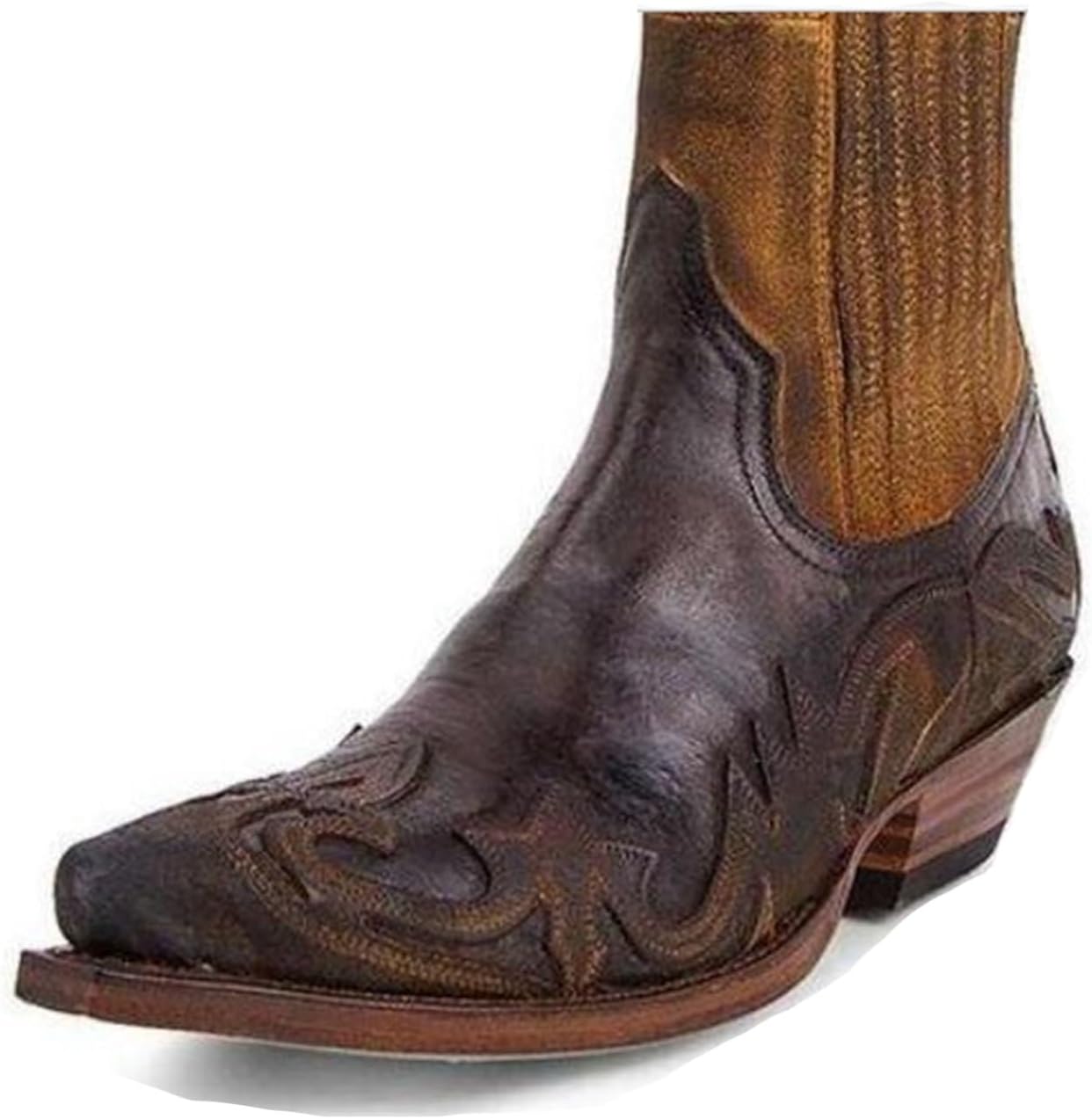 DHAEY Men's Cowboy Boots Low Heel Pointed Toe PU Leather Stitching Printing Casual Knight Boots Retro Classic Unisex Short Boots for Spring Fall (Color : Brown, Size : 7 Women/5.5 Men)