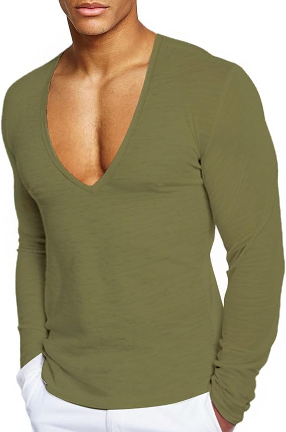 Mens Deep V Neck T-Shirts Long Sleeve Thermal Undershirt Stretch Underwear Muscle Fit Low Cut Workout Slim Fit Top