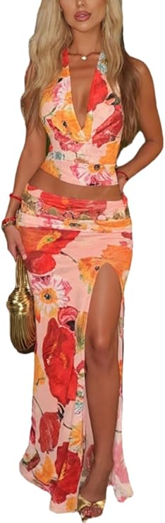 Maxi Skirt Sets Women 2 Piece Outfits Stretchy Halter Neck Backless Sexy Vacation Outfits for Women 2026