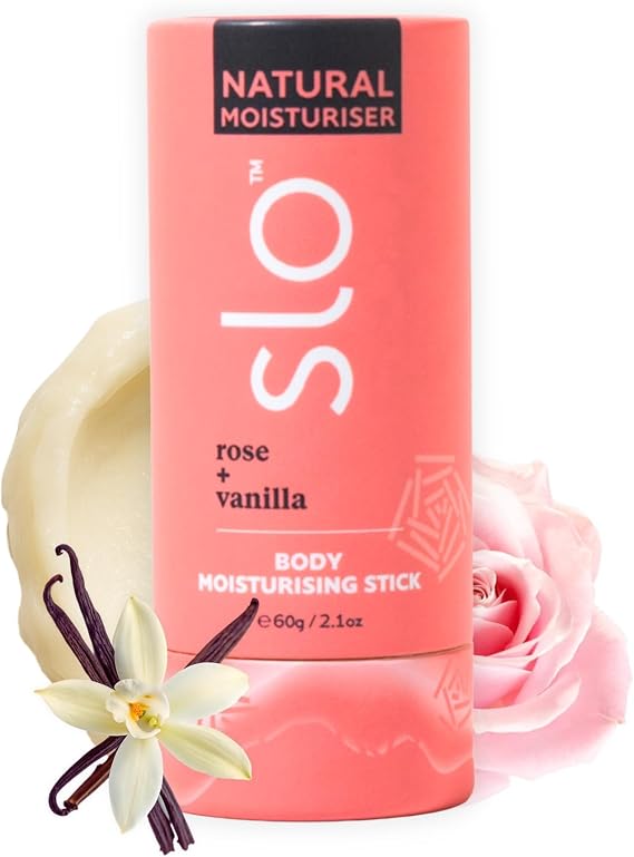 Slo Moisturizing Stick - Solid Body Balm with Organic Ingredients - Hydrates & Nourishes - Cocoa Butter, Coconut Oil and Vitamin E - Travel-Friendly Lotion Stick - Rose + Vanilla Scent, (2.1 oz/60g)