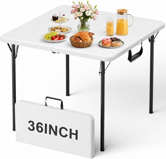 Folding Table, 36in Folding Table Portable with Built-in Handle, Plastic Table with Heavy Duty Steel Legs Supports to 300lbs, Suitable for Party, Camping, Events Indoor&Outdoor Use, White