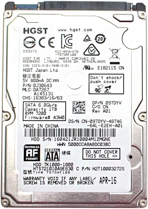 HGST 1TB HDD 7.2K RPM 2.5" 6Gb/s SATA Hard Disk Drive Model: HTS721010A9E630 DP/N: 97DYV