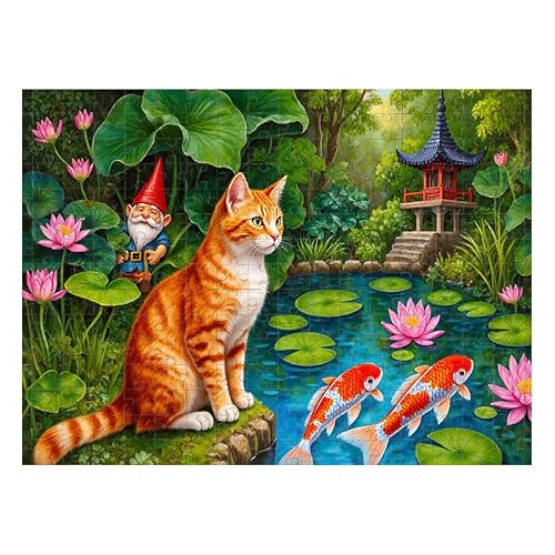 500Pcs Puzzle Jigsaw Puzzle Lush Whimsical Garden Scene with Orange Tabby Cat Koi Fish Lily Pads Flowers and Pavilion for Home Decor 14.9X20.4 Inch