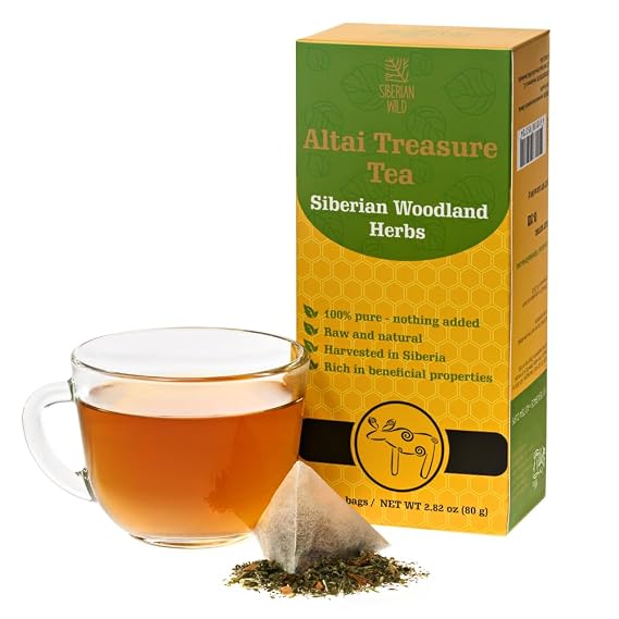 Siberian Wild Altai Treasure Tea Siberian Woodland Herbs Caffeine-Free Natural Herbal Loose-Leaf Blend 20 Natural Tea Bags with Black Currant Leaf, Kuril Tea, Lemon Balm, Oregano, Thyme, Rosehip