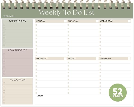 Weekly To Do List Notepad, 52 Undated Sheets (8.5"11"), Undated Weekly Planner for Women & Men, Desk Accessories and Supplies for Office, Home, and School