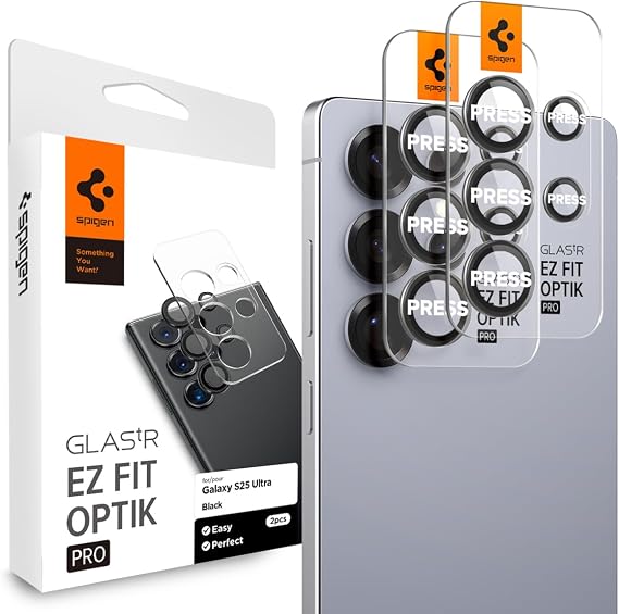 Spigen Camera Lens Protector for Galaxy S25 Ultra - Black [2 Pack] | GlasTR EZ Fit Optik Pro, 9H+ Tempered glass, Scratch resistant, Original photo quality, Auto-align tray, Case-friendly