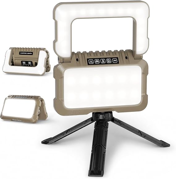 WARSUN Rechargeable Camping Light, Foldable LED Lantern with Tripod & Hook, 180 Adjustable, 5 Light Modes Portable Tent Light for Camping, Hurricane, Emergency, Power Outage, Khaki