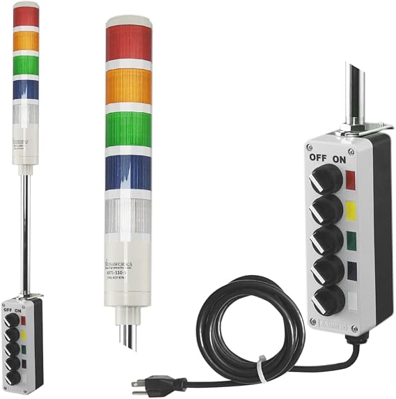 Signaworks 5 Stack Super Bright LED Andon Tower Light,Off-Steady On, Red/Amber/Green/Blue/White, 8 ft Industrial Power Cord, Plug & Play Ready, 3 Prong Plug Meets OHSA Standard * Assembled in USA *