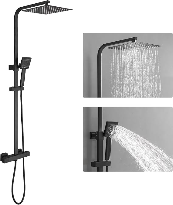 Matte Black Exposed Shower System 9 Inch Rainfall Shower Head Handheld Spray Single Handle Center Wall Mount Bathroom Shower Faucet with Square Shower Head by Homevacious