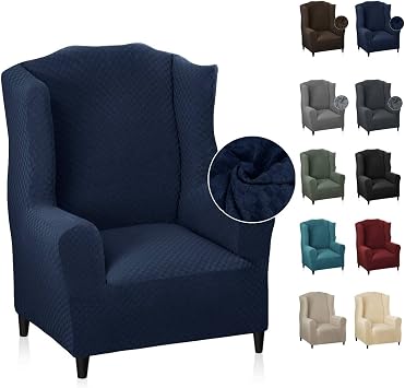 MAXIJIN Wingback Chair Covers 1-Piece Stretch Wing Chair Covers Soft Thick Wingback Armchair Slipcover Non-Slip High Back Chair Furniture Protector Washable (Wing Chair, Navy Blue)