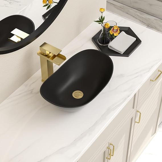 Bowl Sinks For Bathrooms 17" x 11" Oval Black Vessel Sink Modern Boat Shape Artistic Basin Bathroom Vessel Sink Above Counter Porcelain Ceramic Black Small Deep Vessel Sink