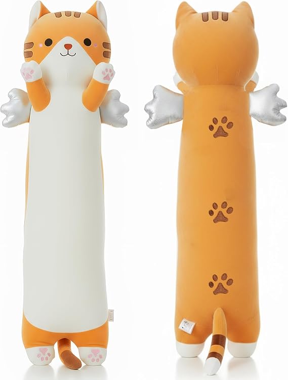 Long Cat Plush Pillow with Wings Soft Kitty Stuffed Animal Toy Giant Cuddly Kitten Cushion for Kids Adults Bedroom Decor (Yellow, 110cm/43.31in)