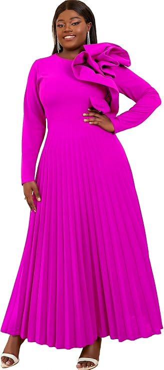 AOMEI Women's Long Sleeve with Asymmetrical Ruffles Pleated A-Line Maxi Dress Elegant Formal