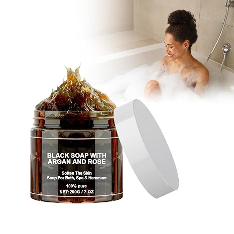 Morocco Black Soap with Argan and Rose 200 g Morocco Black Soap Natural Moroccan Black Soap Exfoliating Shower Gel for Soft Skin Black Soap Body Exfoliating Soap Morocco Body Scrub