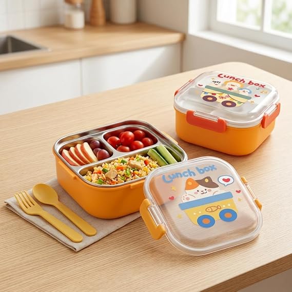 Deconox 600 ml Paslanmaz Çelik Yemek Kabı, 4 Bölmeli Kilitli Lunch Box, Çatal Kaşık Dahil Renkli Desenli Saklama ve Taşıma Kabı, 14x14x8 cm
