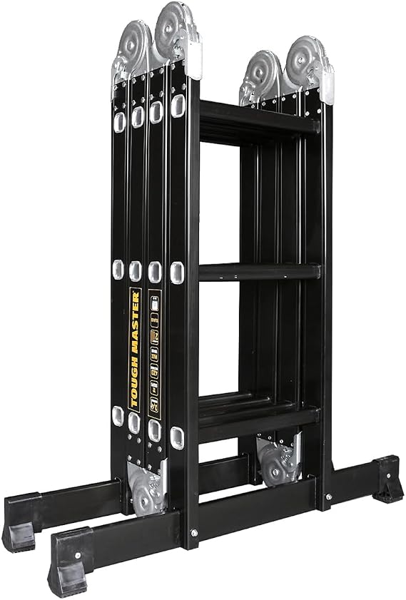 TOUGH MASTER Multi-Purpose Aluminium Ladder EN131 Certified Folding Extension Ladder with Platform, Professional Combination Ladder for Stairs, Decorating, Loft & Garden Use