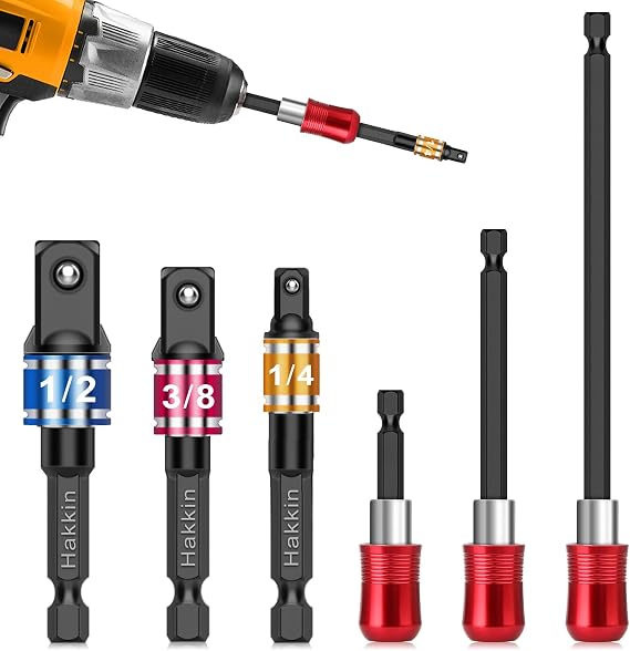 Hakkin 6Pcs Impact Grade Socket Adapter Set & Extension Bit Holder 3Pcs 1/4”, 3/8”, 1/2” Drive Impact Socket Adapter 3Pcs Drill Bit Extension Bit Holder for Power Drill to High Torque Impact Wrench