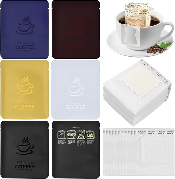 75 Pcs Coffee Filter Paper Bag with 75 Pcs Aluminum Foil Coffee Storage Packaging Bags Food Grade Disposable Drip Hanging Ear Drip Coffee Bag Perfect for Travel Camping Home and Office Use