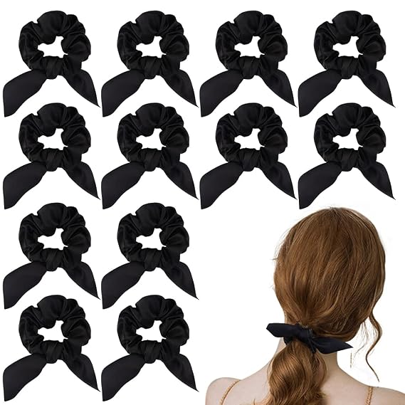 12 Pack Adorable Black Bow Hair Ties for Women - Satin Bunny Ear Scrunchies with Elastic Bows for Thick Hair, Suitable for Ladies and Girls